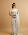 Dark Cream Floral Watercolour Patterned Saree with Rhinestone Work